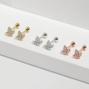Sparkling Leaf Screw Back Earrings, Tiny Ball Back Sterling Silver Dainty Minimalist Maple Nature Leaf Comfort Stud Dailly Wear For Girl Mom