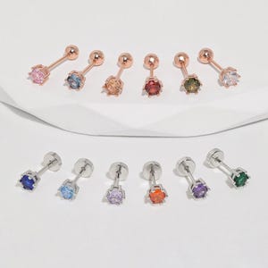 Birthstone Screw Flat Back Earrings, 3mm 4mm 5mm Dainty Ball Back Stud Minimalist Personalized Jewelry Sleep On Stack for Multiple Piercings