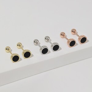 Black Circle Screw Back Earrings, Safety Back Sleep-On Comfortable 925 Sterling Silver Unisex Men Women Chic Round Circle Black Enamel Studs