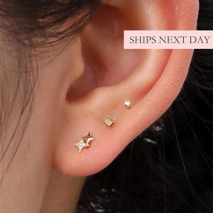Tiny Little Earring Set, Dainty Minimalist Simple Basic Star Diamond Studs, 925 Sterling Silver & Gold Unisex Ear Stack Multiple Piercings