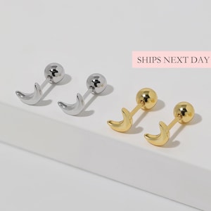 Moon Screw Back Earrings, 925 Sterling Silver & Gold Safe Ball Back Hypoallergenic Comfort Sleep-On Dainty Minimalist Cute Little Girl Studs