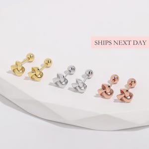 Twist Knot Screw Back Earring, Unique Ball Back Hypoallergenic Secure Comfortable Sleep On Unisex Children 925 Silver Dainty Minimalist Stud
