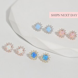 Opal Diamond Earrings, 925 Sterling Silver Dainty White Blue Pink Fire Opal Round Studs October Birthstone Daily Earrings Birth Gift Mom Her