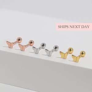 Tiny Butterfly Screw Back Earrings, Cute Ball Back 925 Sterling Silver Dainty Minimalist Unique Stud Earring Rose Gold Birthday Gift for Her
