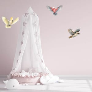 Könnte beinhalten: Eine Szene im Kinderzimmer mit einem rosa Himmelbett, einem weißen Wal-Kissen und Wandtattoos mit Vögeln. Das Baldachin ist mit weißem Stoff drapiert und mit sternförmigen Akzenten verziert. Die Wand ist in einem sanften Rosa gestrichen.