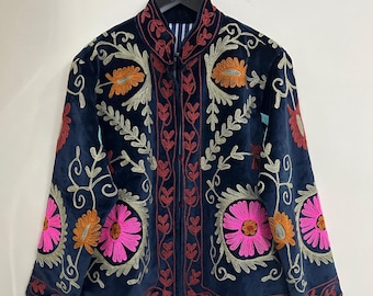 Hand Embroidered Velvet Jacket Open Front Suzani Coat One Size Boho Blazer Vintage Floral Embroidery Short Jacket Cotton Heart Print Lining