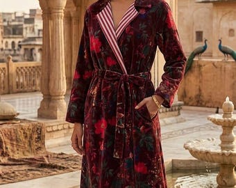 Luxury Bird Print Velvet Robe Boho Floral Duster Coat Long Party Wear Jacket Gift For Her