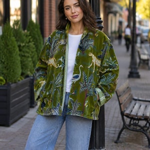 Jungle Print Cotton Velvet Jacket Green Boho Blazer Open Front Safari Statement Coat Women