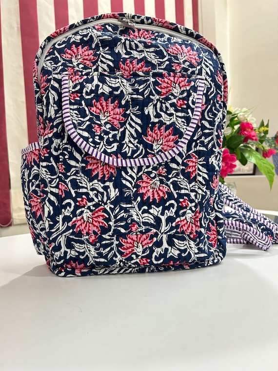 Floral Quilted Cotton Backpack: Hand Block Printed Indian Boho Style