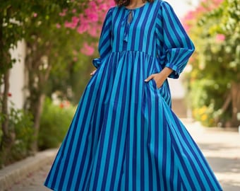 Blue Striped Cotton Midi Dress Balloon Sleeve Summer Resort Wear V Neck Maxi Dress