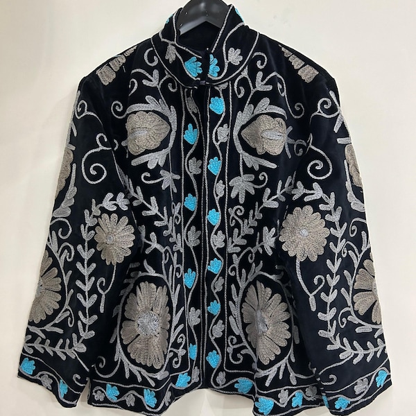 Hand Embroidered Velvet Jacket, Bohemian Open Front Blazer, Luxury Floral Winter Coat, Artisan Statement Outerwear