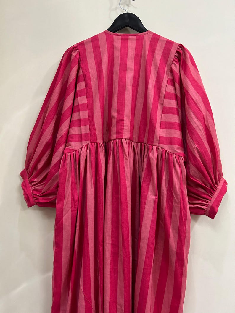 Sustainable handmade fashion pink striped midi dress.