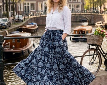 Falda larga de algodón con estampado de bloques a mano, estilo bohemio, falda escalonada de verano, falda larga acampanada con estampado floral.