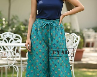 Pantalones Palazzo de algodón con estampado bohemio a mano y cintura elástica con cordón para verano
