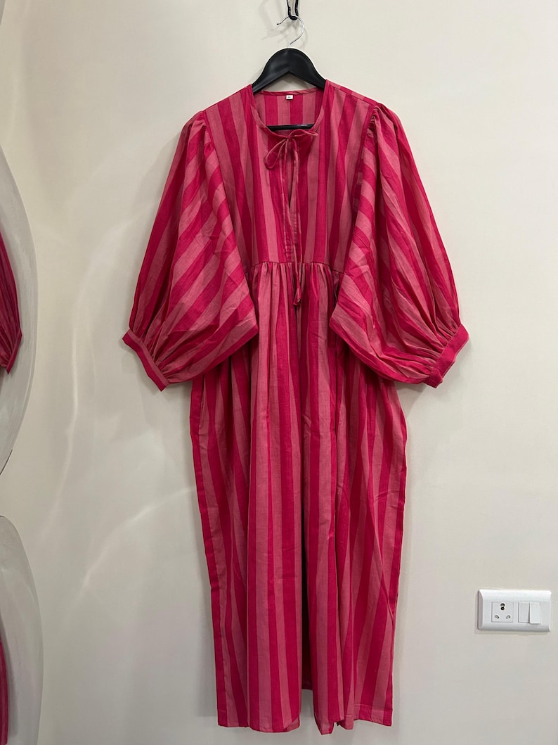 Pink striped pure cotton midi dress with balloon sleeves.