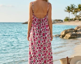 Hand Block Print Cotton Maxi Dress Backless Adjustable Strap Summer Beach Party Picnic Dress