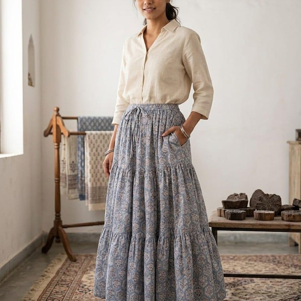 Boho Blue Hand Block Print Cotton Tiered Maxi Skirt Long Summer Skirt With Pockets