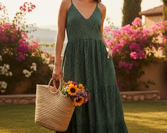 Boho Green Polka Dot Cotton Maxi Dress Tiered Summer Sundress with Pockets Adjustable Straps
