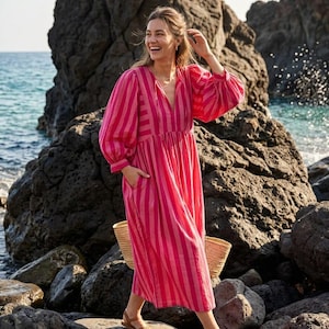​Handmade summer beach vacation dress in pink stripes.