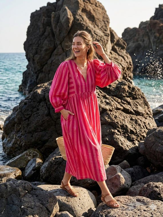 Pink Striped Cotton Midi Dress Balloon Sleeve Summer Beach Vacation Wear Customizable Pocket Dress