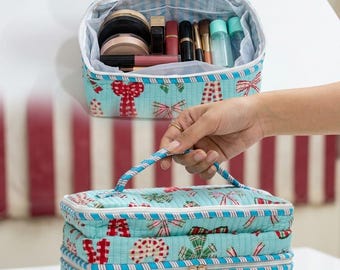 Quilted Cotton Vanity Bag Double Layer Makeup Organizer Travel Cosmetic Pouch Bow Pattern Case