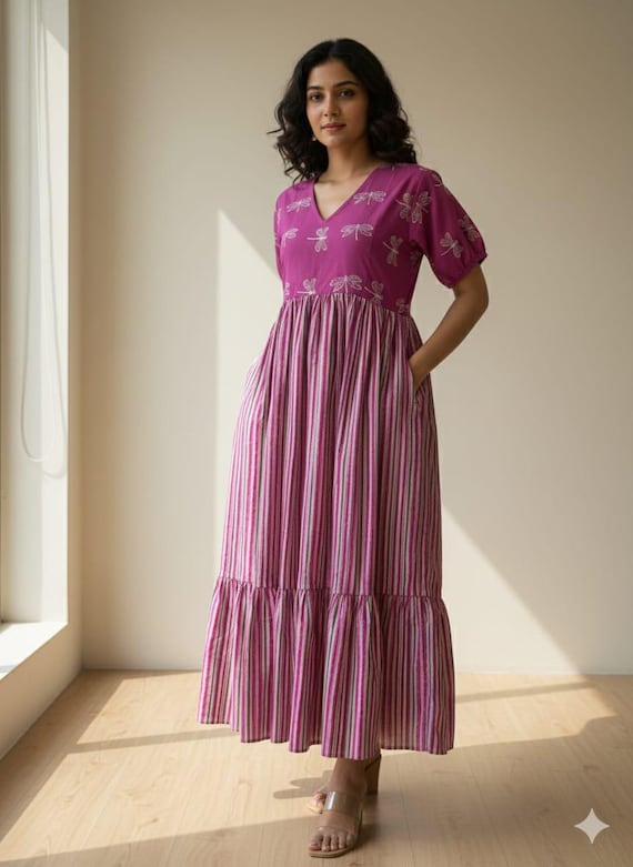 Handmade Luxury Magenta Dragonfly Block Print Cotton Maxi Dress Designer  Summer Gown With Pockets - Etsy