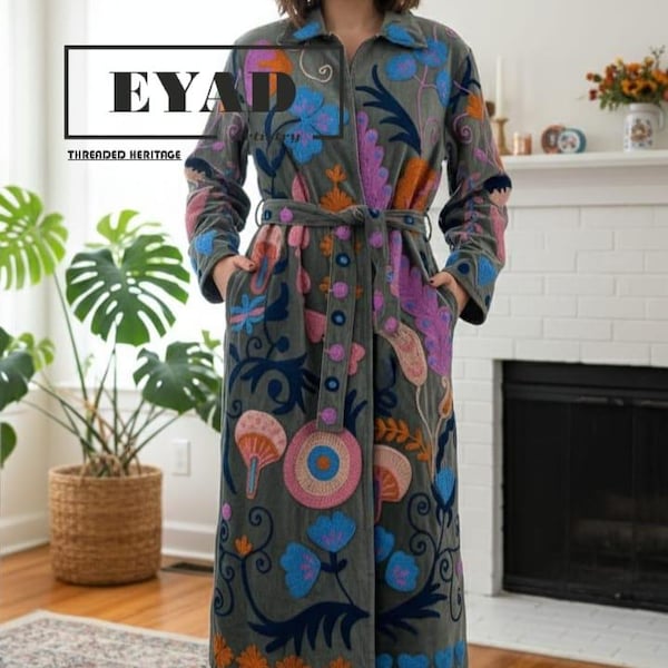 Hand Embroidered Velvet Duster Coat, Boho Suzani Kimono Cardigan