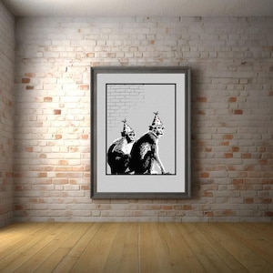 May include: Black and white illustration of two monkeys wearing party hats. The monkeys are sitting on a brick wall background.
