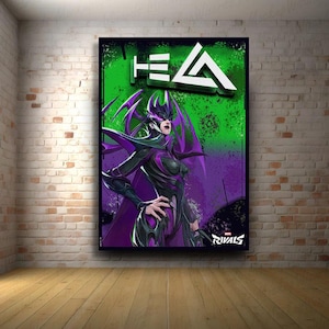 May include: A digital illustration of a female character with purple and black clothing and a green background. The character has a purple and black mask and is holding a weapon. The text "HELA" and "RIVALS" are visible in the image.