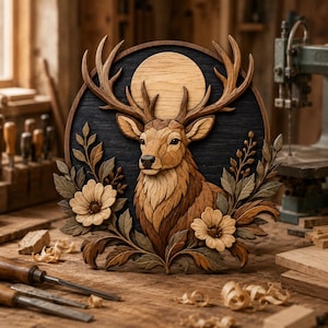 Deer Intarsia Woodworking Pattern | Stag Scroll Saw Template (Digital Download)