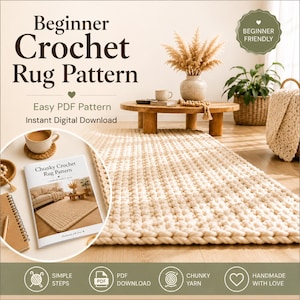 Op de afbeelding: Een digitaal document getiteld Beginner Crochet Rug Pattern met een beige kleed van dik garen. De tekst bevat Easy PDF Pattern, Instant Digital Download, Simple Steps, PDF Download, Chunky Yarn en Handmade with Love.