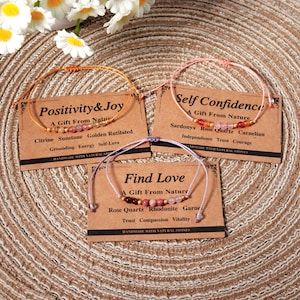 Selbstvertrauen Kristallarmband mit Karte,echter Kristallschmuck,Heilkristall-Schnurarmband,Energiearmband für Finde Liebe,Glücksarmband