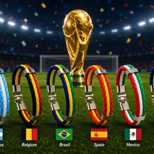 May include: Six braided bracelets featuring national flag colour patterns of Argentina, Belgium, Brazil, Spain, Mexico, and the United States. Each bracelet has a silver-toned metal clasp and is displayed against a football stadium background.