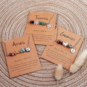 Colar de cristal bruto de Áries e Touro, joias com pedras preciosas infundidas com Reiki, colar com signo do zodíaco, colar com cartão-presente, colar com cristal de energia curativa