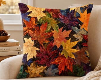 Kissenbezug mit Herbstlaub-Motiv, Ahornblatt-Kissen für den Herbst, botanische Batik-Dekoration, rustikales Waldkissen, Wohnaccessoire für Thanksgiving