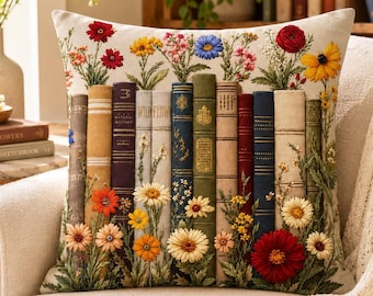 Book Lover Floral Throw Pillow, Vintage Book Cushion, Cozy Reading Nook Decor, Bookish Cottagecore, Gift for Readers, Floral Books Accent