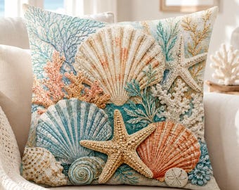 Coastal Shell Throw Pillow, Coral Beach Pillow Cover, Nautical Cottage Decor, Ocean Accent Pillow, Seashell Starfish Pillow