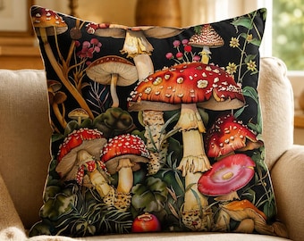 Kissenbezug mit Pilzmotiv, Vintage-Kissen im Cottagecore-Stil mit botanischen Motiven, Walddekor im Dark-Academia-Stil, Akzent mit rotem Fliegenpilz