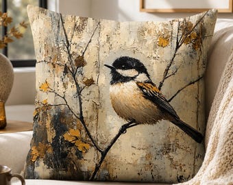 Chickadee Throw Pillow Cover, Rustic Vintage Bird Cushion, Autumn Woodland Decor, Farmhouse Fall Bird Pillow, Neutral Distressed Home Accent