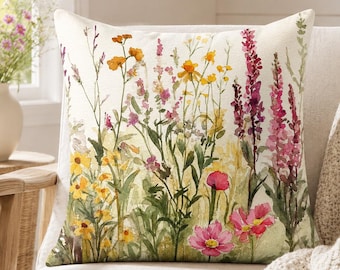 Vintage Wildflower Throw Pillow, Decorative Pillow Case, Boho Polyester Pillow, Floral Cushion Cover, Unique Gift, Accent Pillow