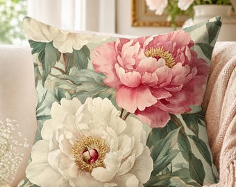 Peony Floral Throw Pillow, Vintage Floral Cushion, Elegant Home Decor, Soft Accent Pillow, Gift for Flower Lovers
