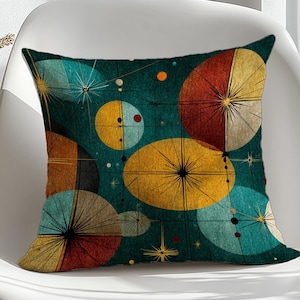 Halverwege de eeuw modern sierkussen, Atomic retro Starburst kussenhoes, groenblauw mosterd geometrisch accent kussen, jaren 1950 mod Home Decor