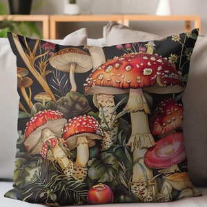 Cottagecore Mushrooms Botanical Art Accent Pillow, Mushroom Lover Gift, Decorative Mushroom Throw Pillow Cover