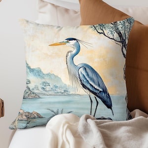 Blue Heron Throw Pillow, Chinoiserie Accent Pillow, Decorative Pillow Cover, Beach House Sofa Pillow, Polyester Coastal Pillow Case