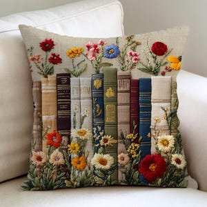Book Lover Floral Throw Pillow, Vintage Books Cushion, Cozy Reading Nook Decor, *Faux Embroidery