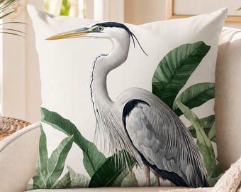 Cojín decorativo con diseño de garza, cojín de acento con garza gris, decoración botánica para el hogar, cojín de naturaleza tropical, funda de poliéster, regalo ideal para amantes de las aves.