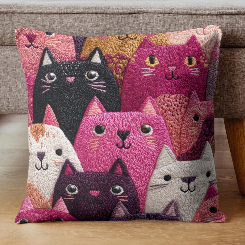 Cojín de gato caprichoso, cojín con estampado de gato bordado en imitación, cojín decorativo de gatito colorido, decoración felina divertida, regalo adorable para amantes de los gatos imagen 6
