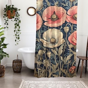 Poppies Shower Curtain, Vintage Floral Bathroom Decor,  William Morris Botanical Print, Aesthetic Bath Curtain