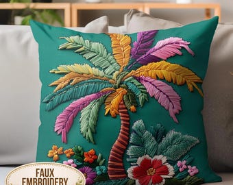 Tropical Palm Tree Pillow, Faux Embroidered Island Throw Pillow, Colorful Beach Cottage Cushion, Coastal Botanical Pillowcase Accent