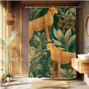 Cheetah Jungle Shower Curtain, Safari Animal Bathroom Decor, Green Tropical Bath Panel, Bold Wildlife Home Style, Exotic Nature Curtain